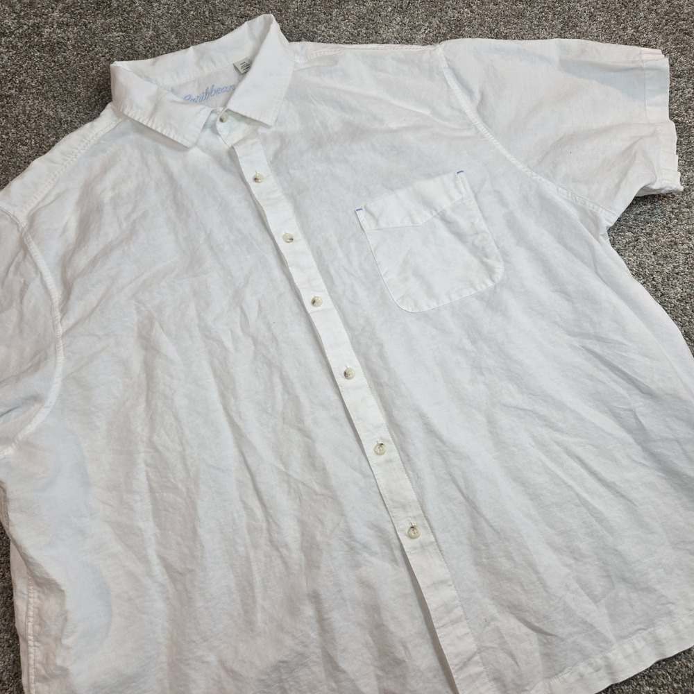 Caribbean White Linen‎ shirt mens size 4XB short sleeve button down solid